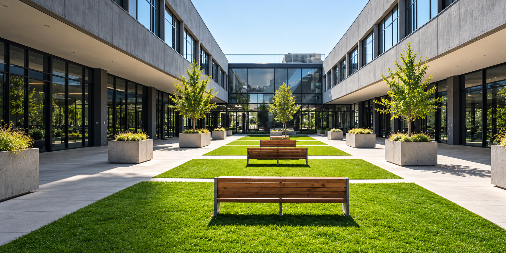 A courtyard between two glazed commercial buildings, artificial turf in clean rectangles between concrete walkways, a bench and planters, generated image