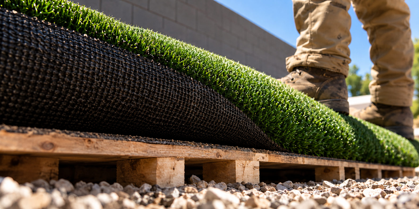 A roll of artificial turf on a pallet, its black backing and green pile seen low from the gravel, an installer's boots behind it, generated image